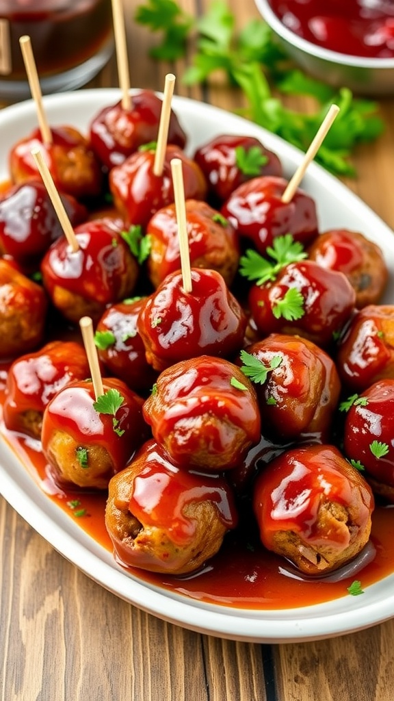A close-up of sweet and savory barbecue grape jelly meatballs on a platter, garnished with parsley and ready to serve.